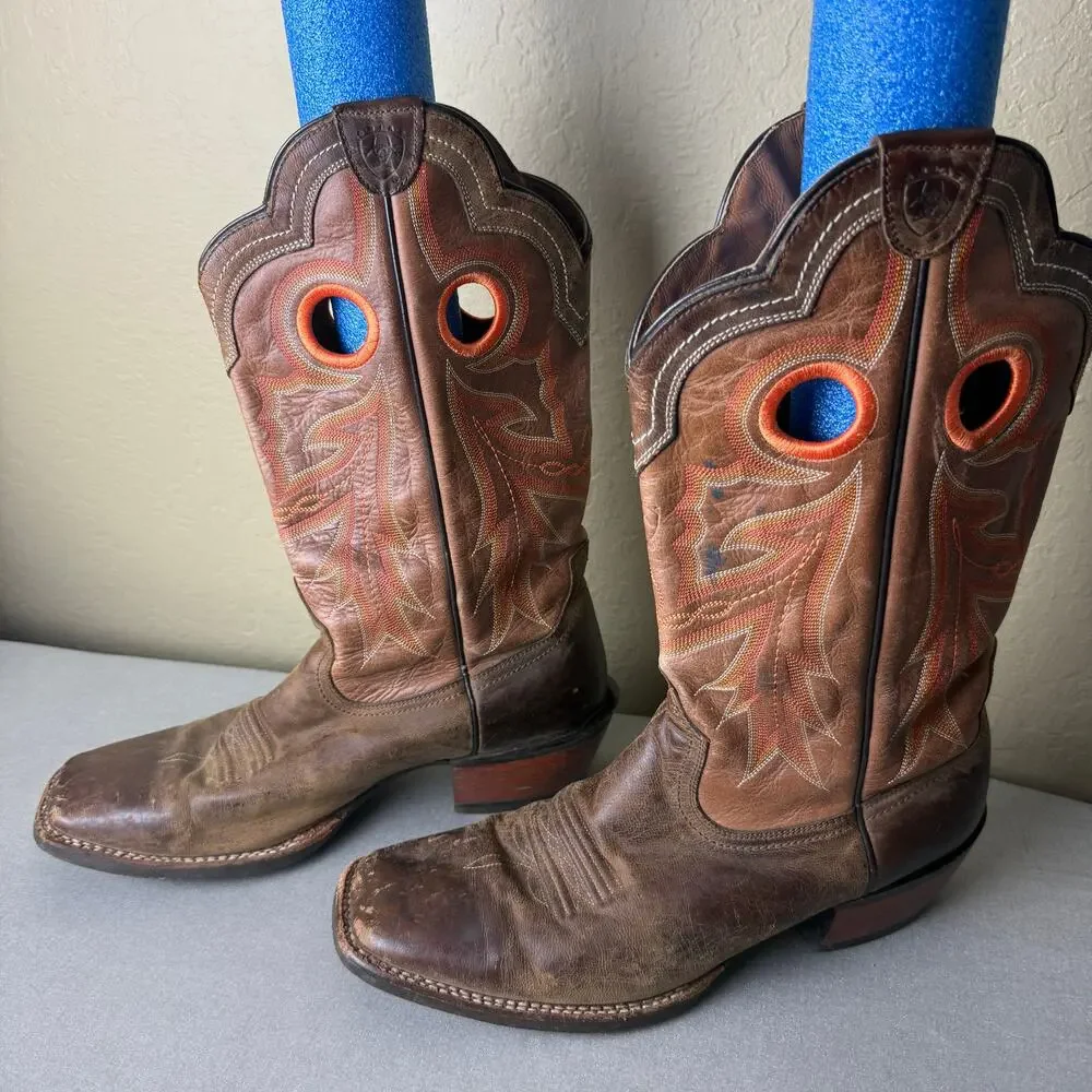 Ariat Men’s 12 D Brown Leather Square Toe Western Cowboy Boots Embroidered